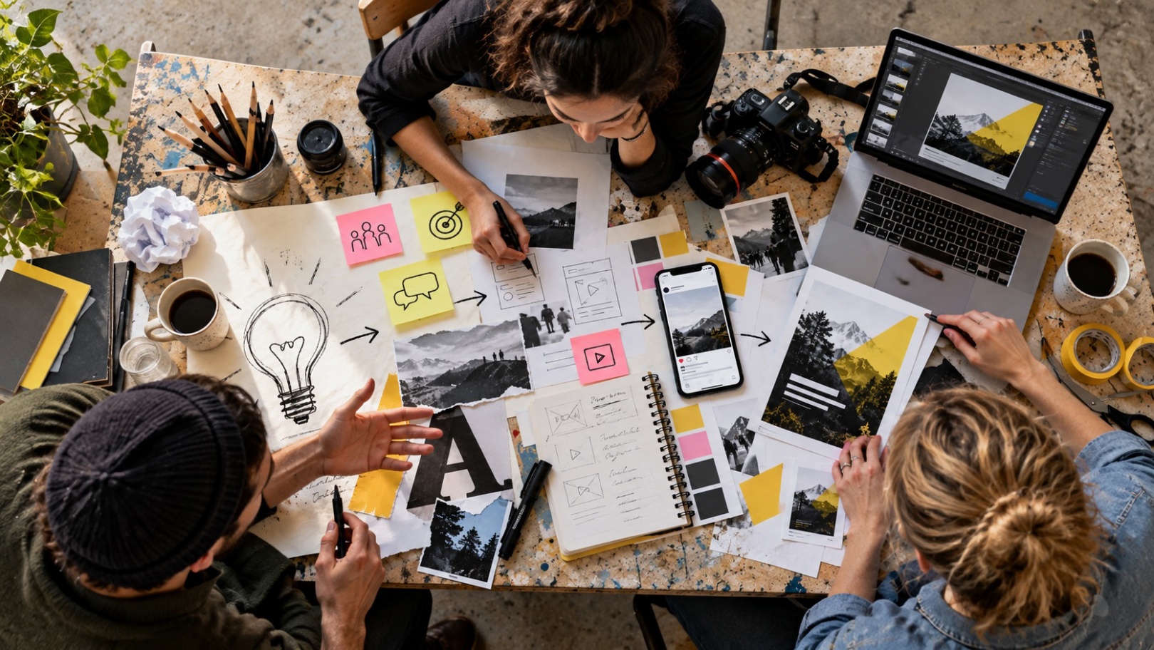 Sicht auf einen Kreativtisch mit Moodboard-Skizzen, Fotos, Post-its, Laptop, Kamera.