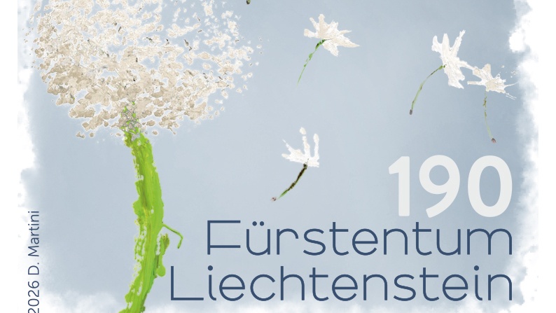 Briefmarke «Hoffnung»: eine Pusteblume vor blauem Himmel, deren Samen als kleine weisse Blüten in den Wind fliegen.