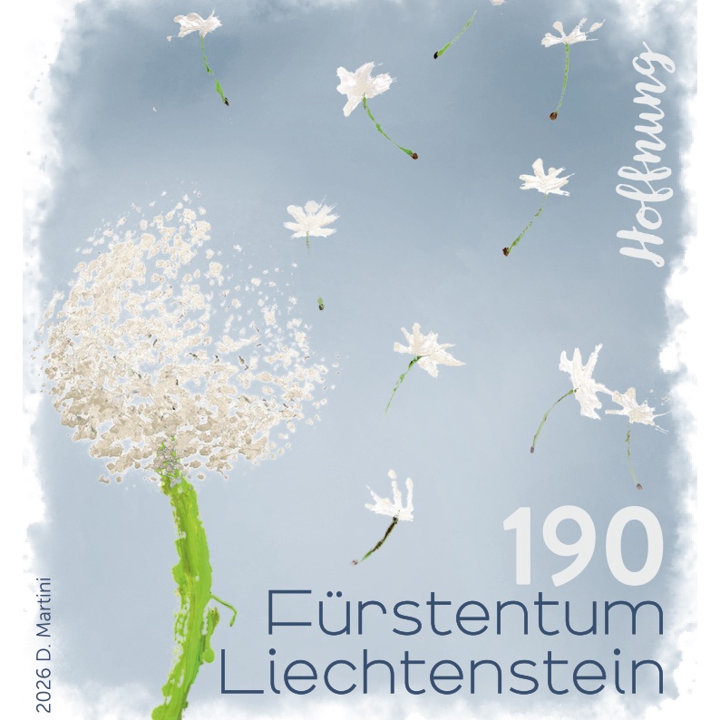 Briefmarke «Hoffnung»: eine Pusteblume vor blauem Himmel, deren Samen als kleine weisse Blüten in den Wind fliegen.