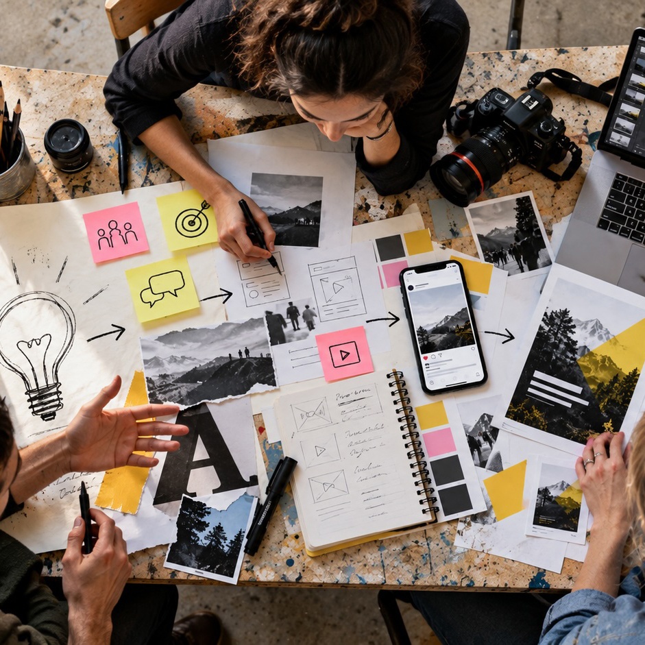 Sicht auf einen Kreativtisch mit Moodboard-Skizzen, Fotos, Post-its, Laptop, Kamera.